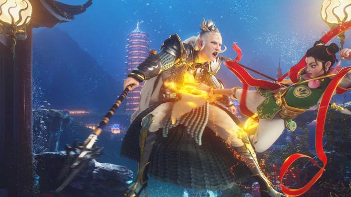two game characters fighting in a chinese underwater city
