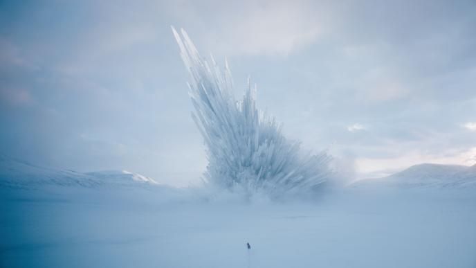 Final shot of CG crystals in snowy environment in Superman film
