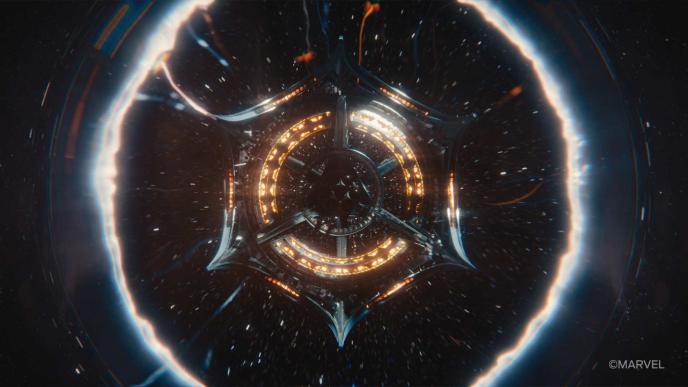 A CGI spaceship seen from the back, entering hyperspace