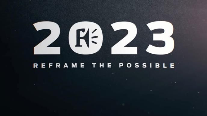 A grey background with 2023 Reframe the Possible written in white text in the centre. The centre of the 0 is the Framestore icon.