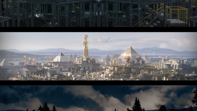 A split of three images, the top being a industrial warehouse with pipes and ladders. The middle section is a futuristic city with golden pyramids and statues. The bottom shows a grey sky with the outline of trees in front.  