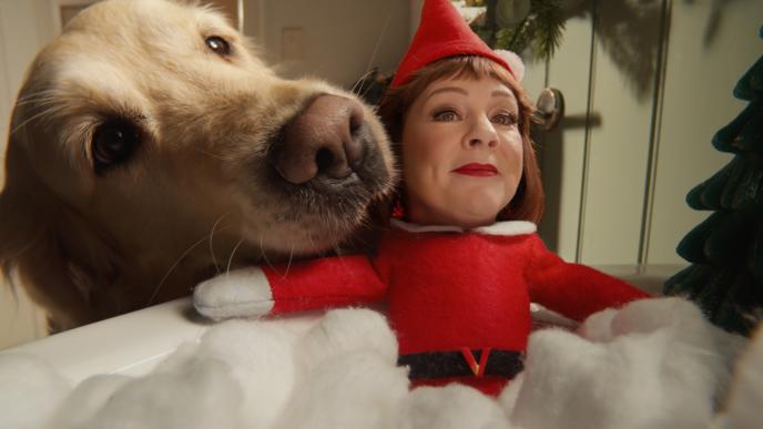 A golden retriever presses its nose toward the camera beside a small elf doll with Melissa McCarthy's face comped  in festive decor.