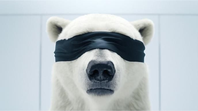 A CG animated polar bear wears a blind fold
