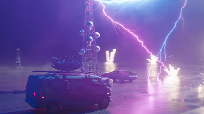 Watkyn's Storm - purple and blue lightning strikes cars in a parking lot