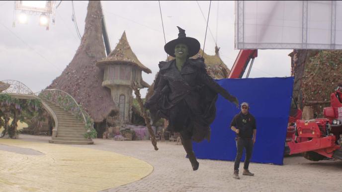 Cynthia Erivo as Elphaba in Wicked: For Good, in a harness to 'fly' into munchkinland