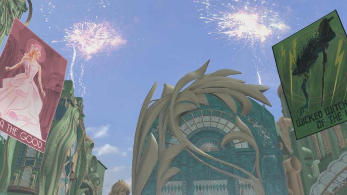 Postvis of the emerald city in Wicked: For Good. Propaganda style posters hang from green towers.
