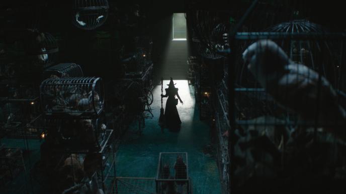 Elphaba finds the Wizard's secret animal prison in Wicked: For Good. Cynthia Erivo as Elphaba in a digitally extended set, filled with CGI animals in CGI cages.
