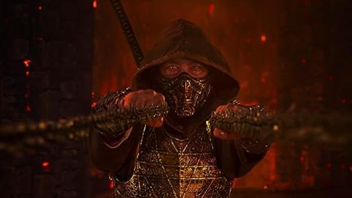 Masked film character holding fighting chains