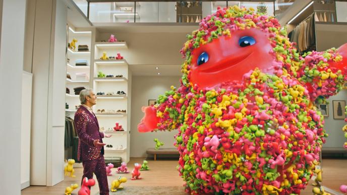 Andy Cohen stands in a large walk in closet with the CG animated Nerds Gummy Monster mascot