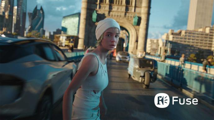 Alba Baptista in 'FLITE', on a hoverboard in a futuristic city with a white FUSE logo on the lower right corner