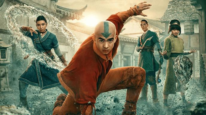 From left to right: Katara, Aang, Saka, and Toph from Avatar: The Last Airbender live action pose in a village, each controlling elements—air, water, earth, and weapons—ready for battle.