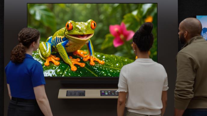 Three people view a Sony True RGB television displaying a vivid, colorful frog on a wet tropical leaf.