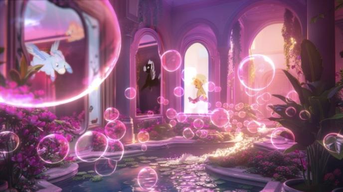 A still from an ad showing an animated room filled with pink bubbles. 