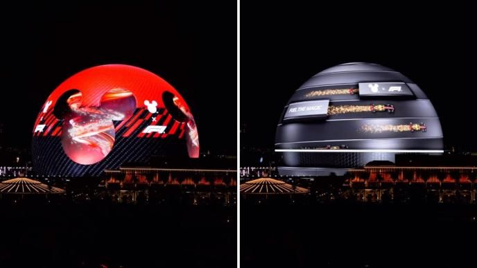 Two photographs of The Sphere in Las Vegas showing disney imgery.