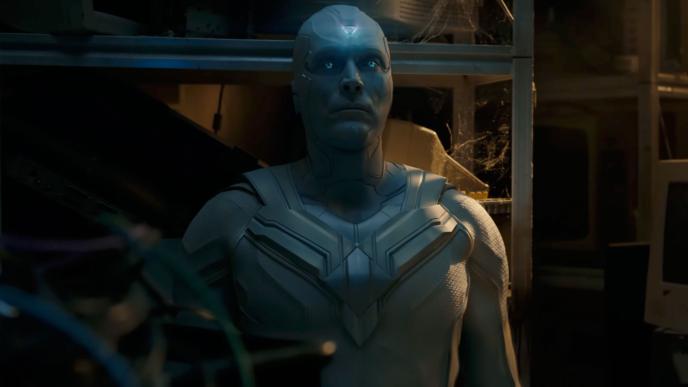 From Marvel Television's VisionQuest series, a white version of Vision in a dark room