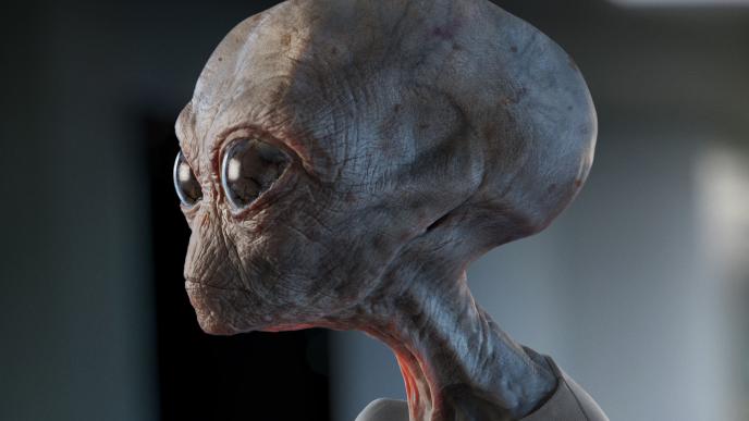 Disclosure Day concept art showing an aged alien face from the side