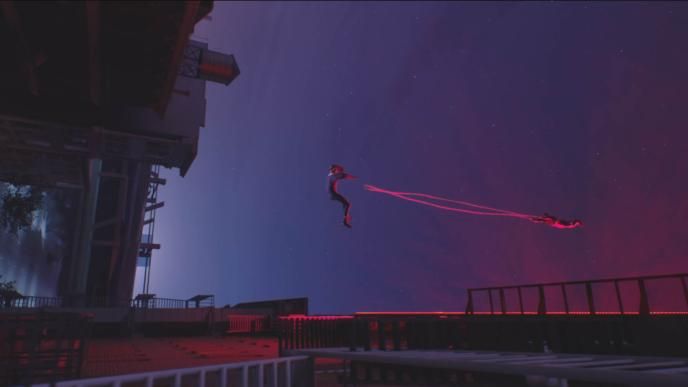 Previs from Spider-Man Brand New Day showing two characters falling off the side of a New York building