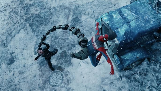 Final image from Spider-Man: Brand New Day showing the CGI scorpion tail and wire removal