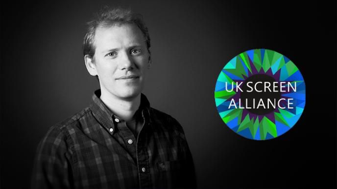 A black and white headshot of William Bartlett with the UK Screen Alliance logo on the right hand side. 