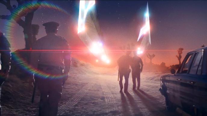Concept art from the film Disclosure Day, showing police looking at a UFO descending from the sky