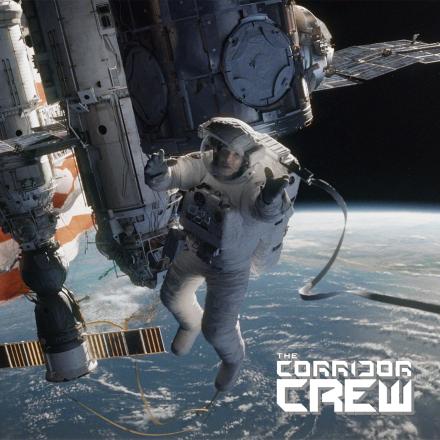 Sandra Bullock in Gravity, overlaid with a white Corridor Crew logo