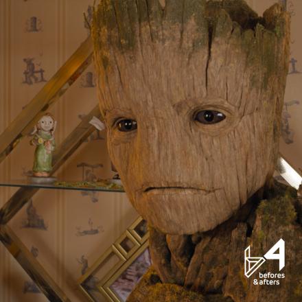 Groot in Guardians of the Galaxy Volume 3, overlaid with a white Befores and Afters magazine logo