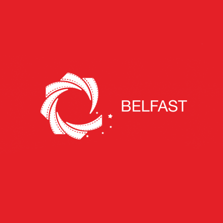A red tile with a white Cinemagic Belfast logo 