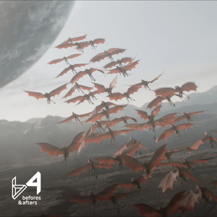 A still from Foundation showing creatures flying to a spaceship with the Befores&Afters logo in the bottom left corner.