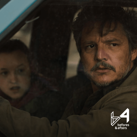 A still from The Last of Us showing the two main characters in a car with the Befores and Afters logo in bottom right corner.