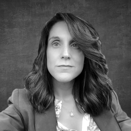 A black and white photo of Julia Marrone