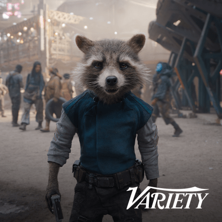 A still from Guardians of the Galaxy Vol. 3 showing Rocket looking into the camera with the Variety logo in the bottom right corner.