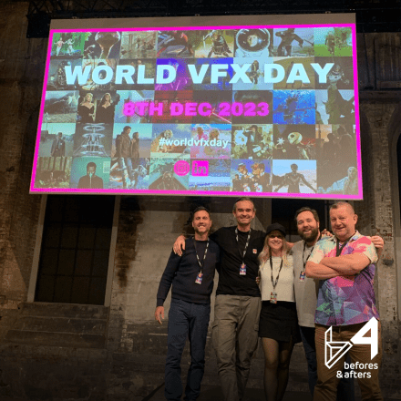 A photo of Simon Devereux and others in front of a screen promoting World VFX day. The Befores and Afters logo is in the bottom right corner.
