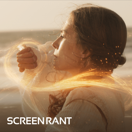 A still from the TV show The Wheel of Time showing Rosamund Pike creating magic. There is the ScreenRant logo in the bottom left corner.