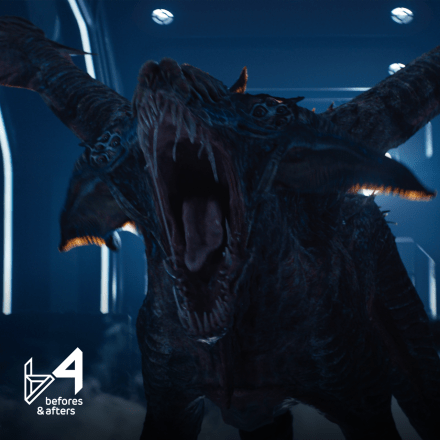 A still from Foundation showing a creature screaming at the camera showing its mandibles and teeth.