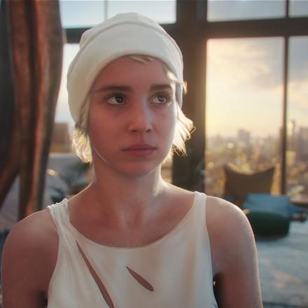 Alba Baptista stars as Stevie in short film FLITE, wearing a cream vest top and beanie hat