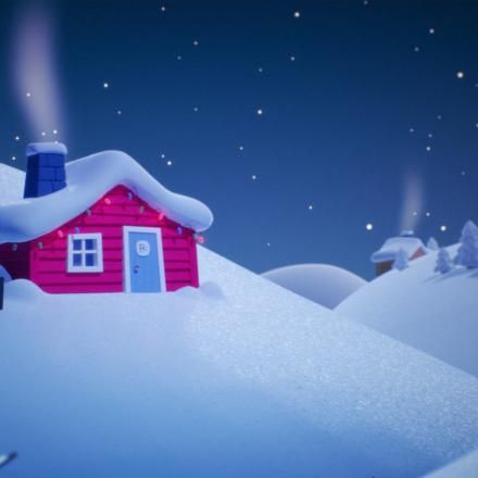 A cartoon cottage on a snowy hill, there are christmas lights on the outside and a Framestore F on the front door