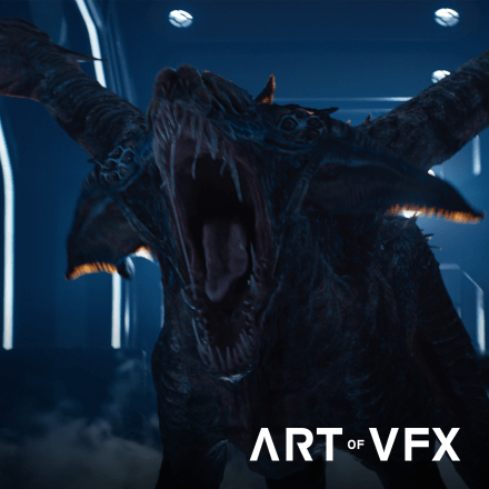 A still from Foundation showing a creature screaming at the camera showing its mandibles and teeth.