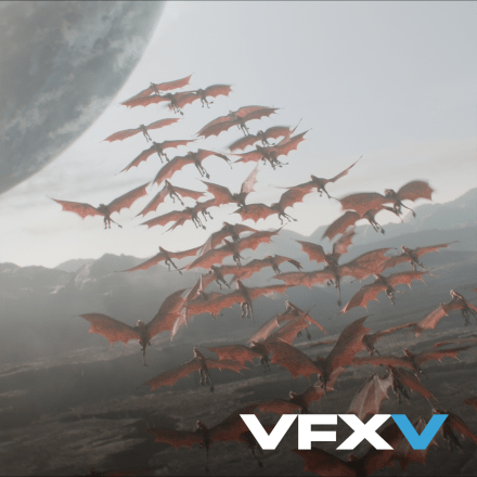 A still from Foundation showing creatures flying to a spaceship with the VFX Voice logo in the bottom left corner