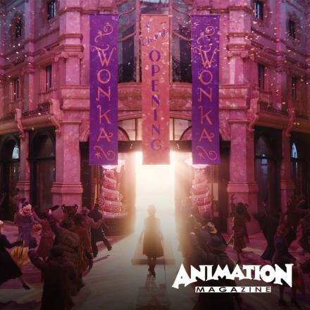 A man walking into an ornate building from which light is spilling onto the street. There are banners hanging from the building that say Wonka and dancers either side of the man.