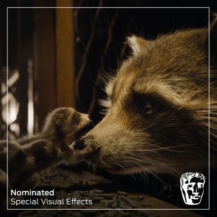 Small baby raccoons reach out for Rocket Racoon's face. Overlaid is a white BAFTA logo in the bottom right corner. In the bottom left corner, white text reads "Nominated, Special Visual Effects"