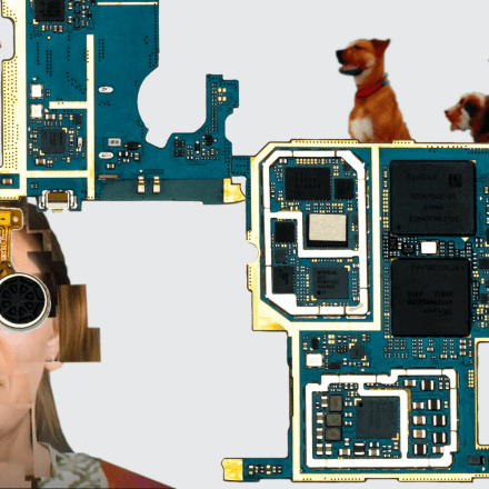 An abstract art piece that look pixelated. There is a woman, a dog and computer parts