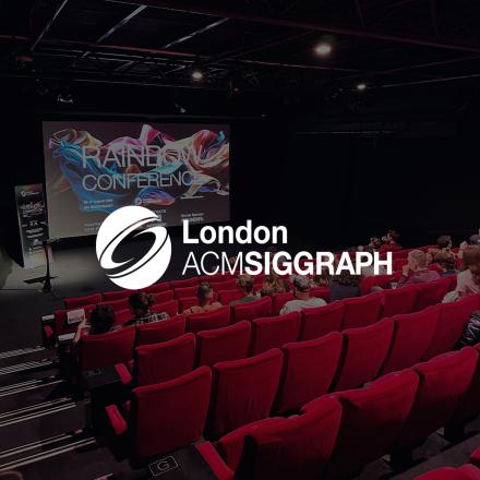 A photo from London's Rainbow Conference overlaid with a white London Siggraph logo