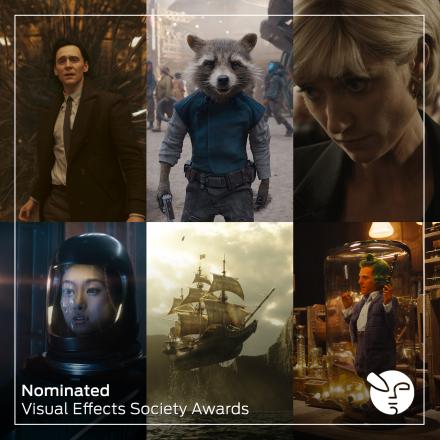 A montage of the six projects nominated for VES awards in 2024 - from top left: Loki Season 2, Guardians of the Galaxy 3, The Crown Season 6, Invasion Season 2, Peter Pan & Wendy, and Wonka