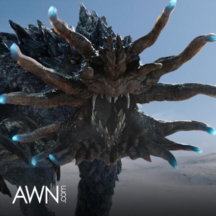 A digital creature that has sharp rocky scales and long tentacle-like appendages framing its face. 