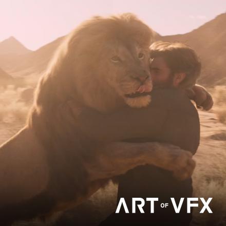 A lion jumping up on a man in a savannah landscape.