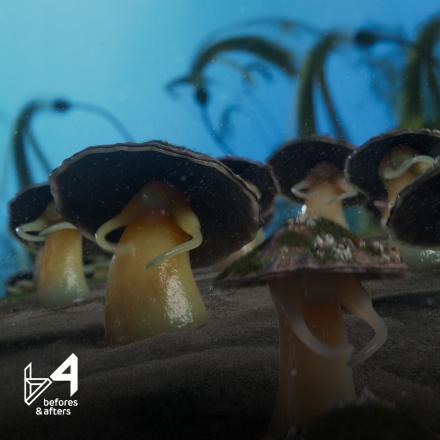 A few small limpets anthropomorphised to have arms, they are dancing in a coral seascape. 