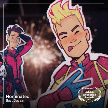 Two 2D animated men posing in front os some fireworks, there is the nominee laurel for the British Animation Awards in the bottom right corner. 