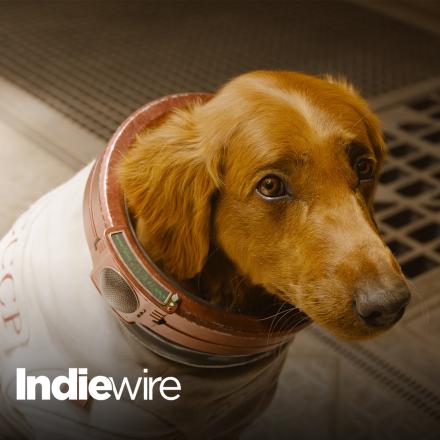 A dog in a spacesuit sitting in a spaceship interior.