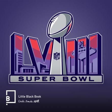 The logo for the Super Bowl LVIII on a purple background with the LBB logo in the bottom left corner.