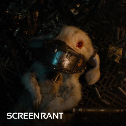 A small white rabbit with long metal legs and metal teeth is laying on its back. 
